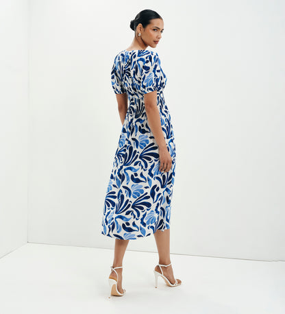 Dolly Blue Abstract Puff Sleeve Shirred Waist Smock Midi Dress