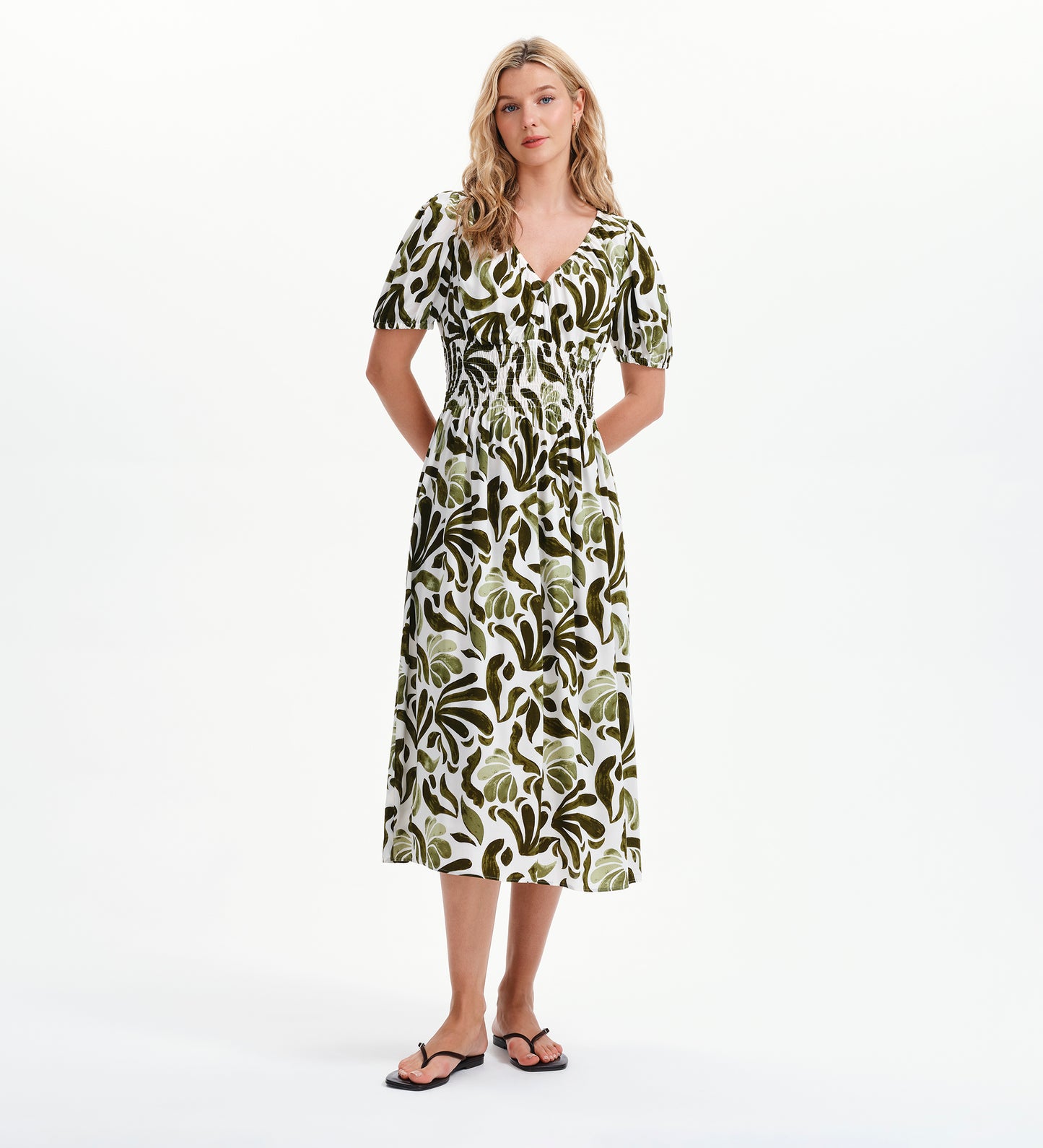Dolly Green Abstract Puff Sleeve Shirred Waist Smock Midi Dress