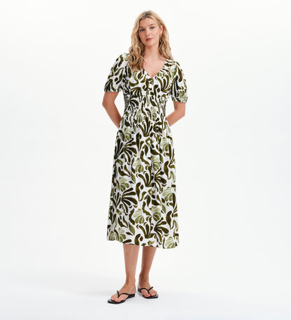 Dolly Green Abstract Puff Sleeve Shirred Waist Smock Midi Dress