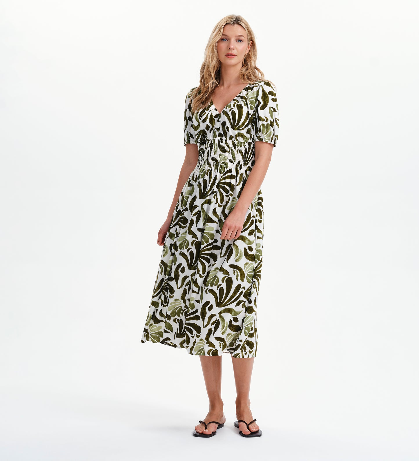Dolly Green Abstract Puff Sleeve Shirred Waist Smock Midi Dress