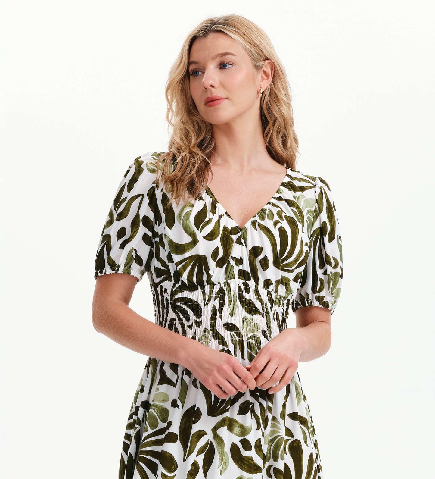 Dolly Green Abstract Puff Sleeve Shirred Waist Smock Midi Dress