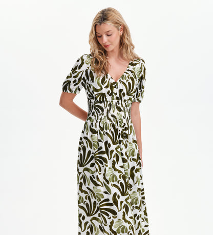 Dolly Green Abstract Puff Sleeve Shirred Waist Smock Midi Dress