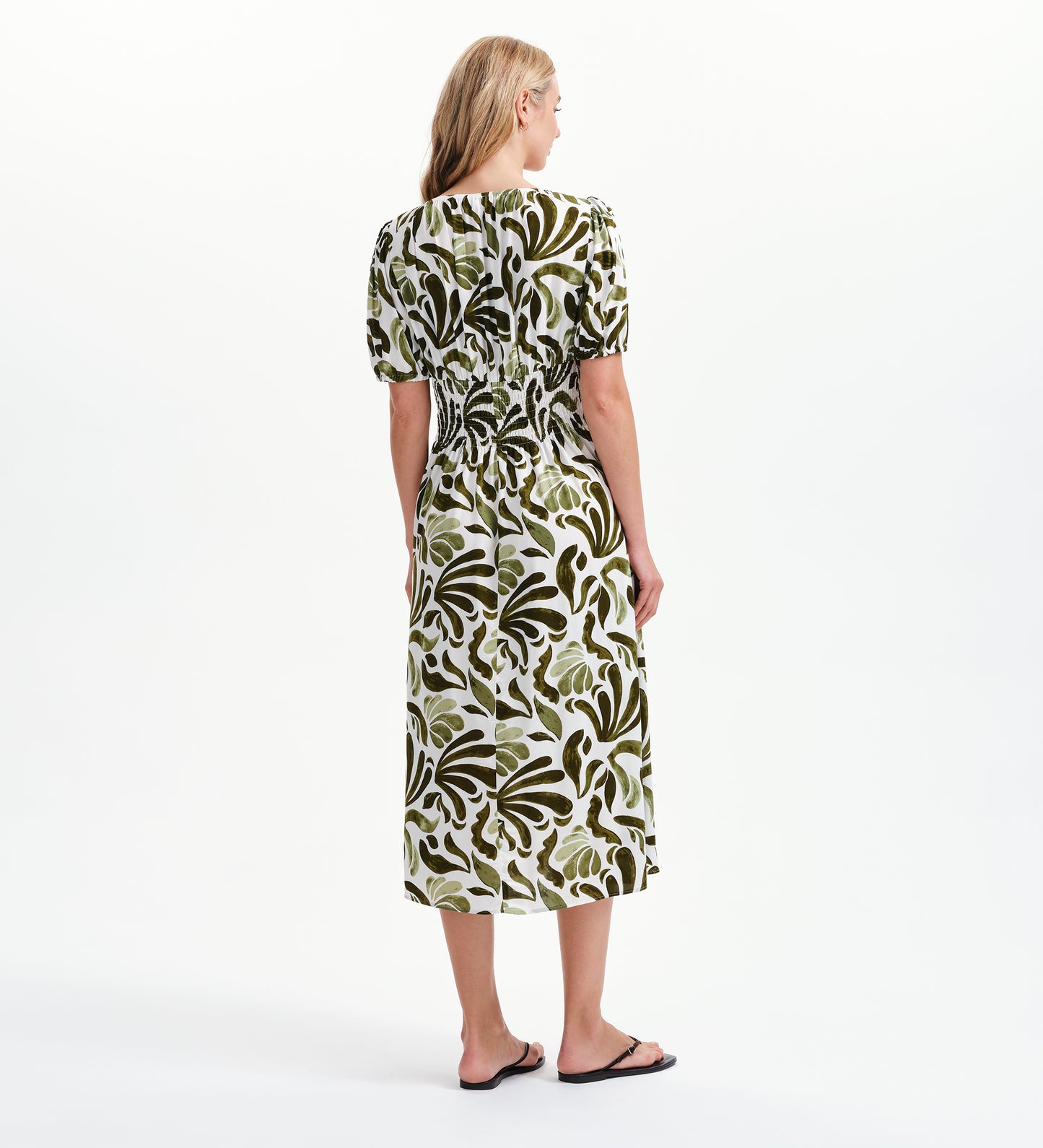 Dolly Green Abstract Puff Sleeve Shirred Waist Smock Midi Dress