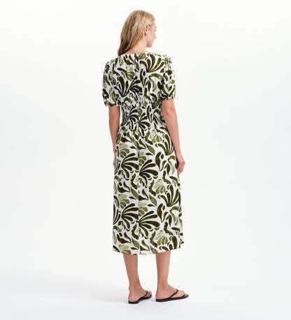 Dolly Green Abstract Puff Sleeve Shirred Waist Smock Midi Dress