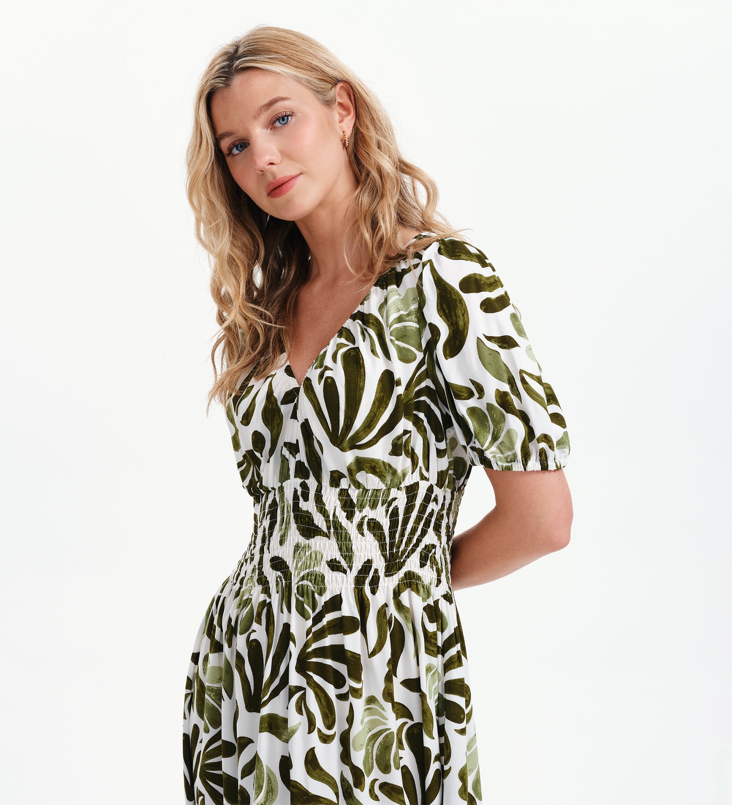 Dolly Green Abstract Puff Sleeve Shirred Waist Smock Midi Dress