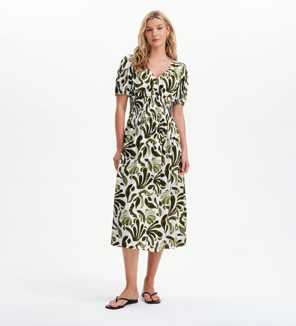 Dolly Green Abstract Puff Sleeve Shirred Waist Smock Midi Dress