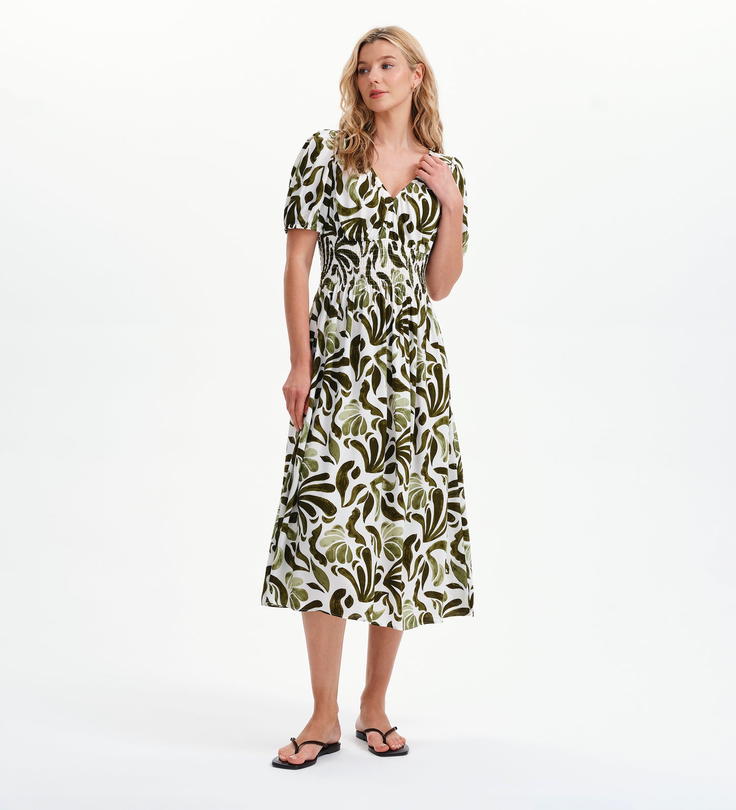 Dolly Green Abstract Puff Sleeve Shirred Waist Smock Midi Dress