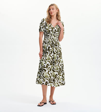 Dolly Green Abstract Puff Sleeve Shirred Waist Smock Midi Dress