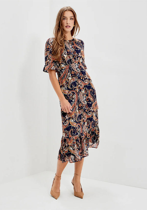 Jennifer Navy Paisley Satin Stripe Dress