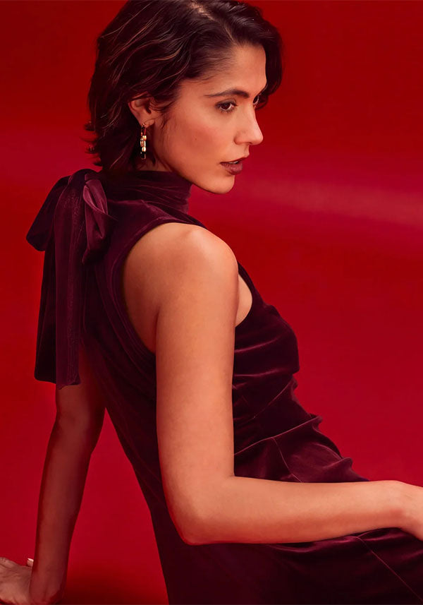 Ophelia Burgundy Velvet Tie Neck Maxi Dress