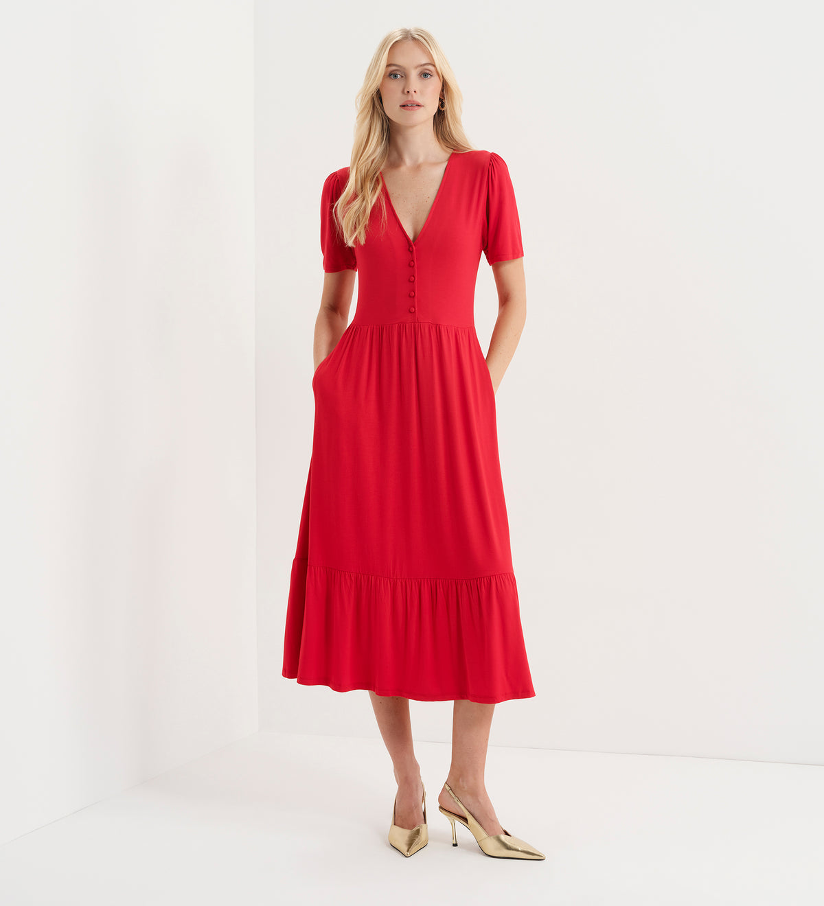 Edith Red Jersey Button-Through V Neck Tiered Midi Dress