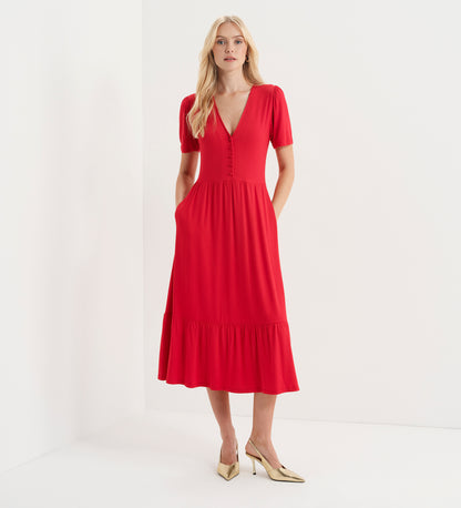 Edith Red Jersey Button-Through V Neck Tiered Midi Dress