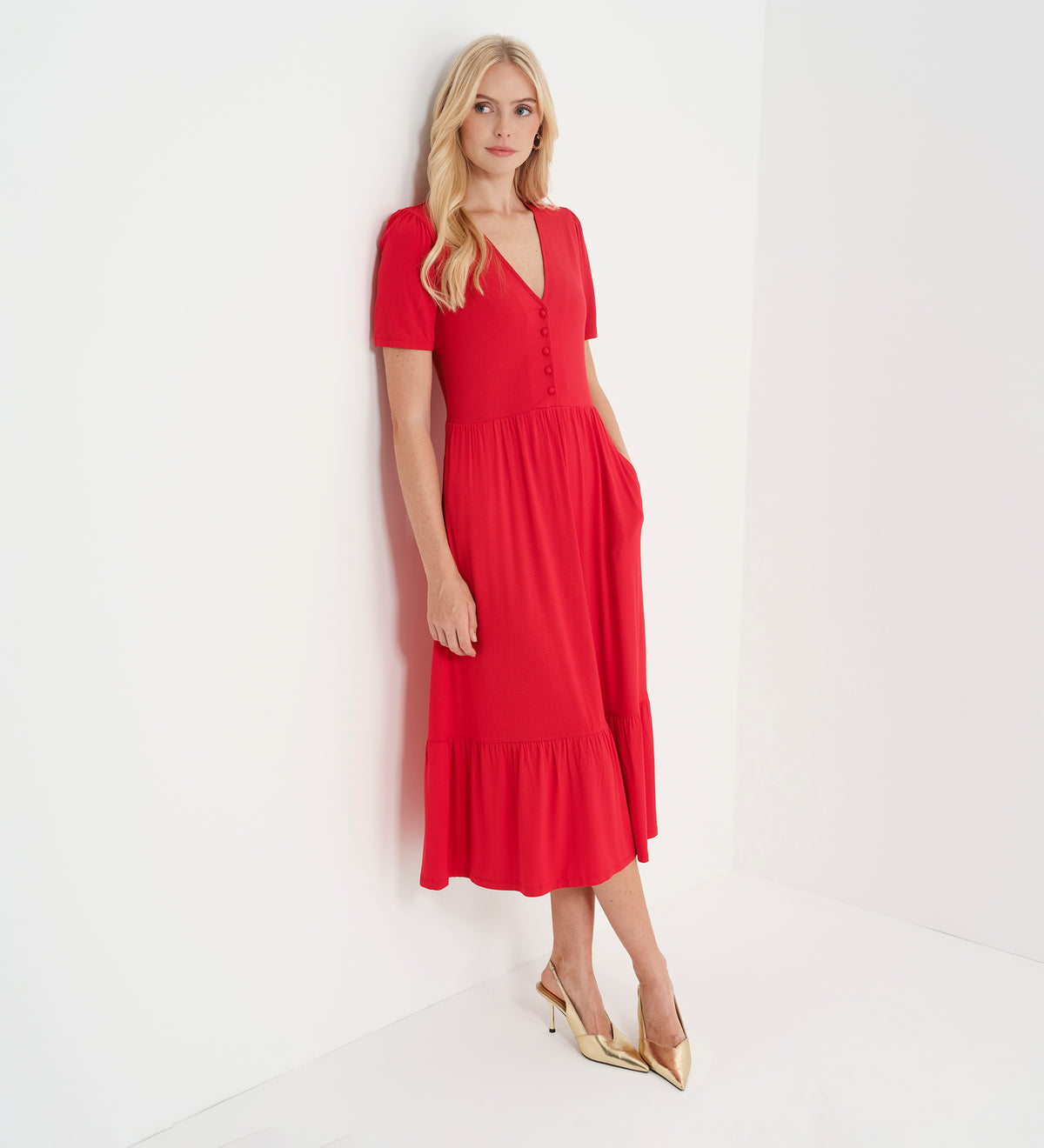 Edith Red Jersey Button-Through V Neck Tiered Midi Dress