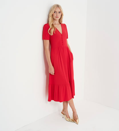 Edith Red Jersey Button-Through V Neck Tiered Midi Dress