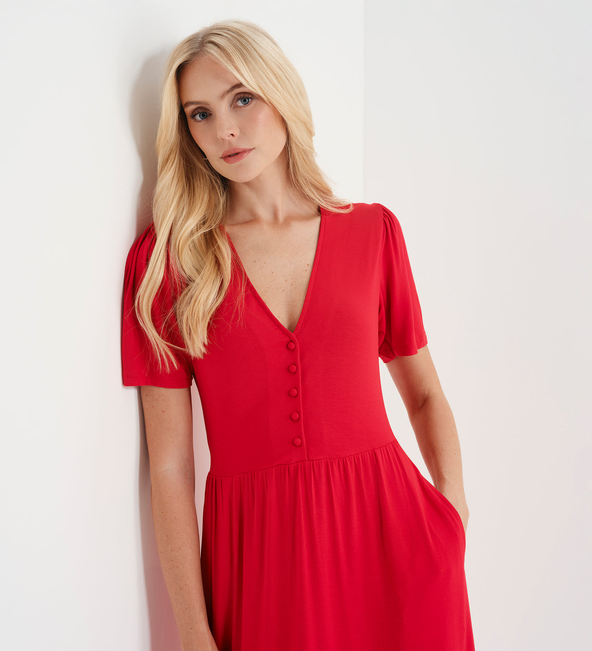 Edith Red Jersey Button-Through V Neck Tiered Midi Dress