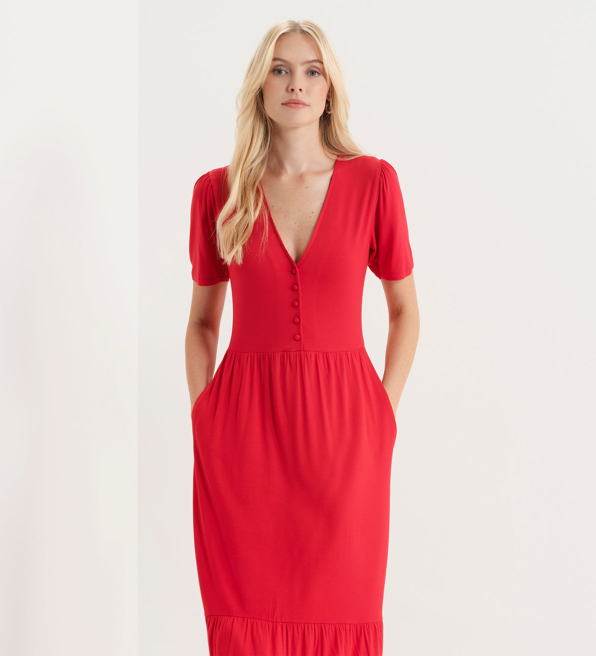 Edith Red Jersey Button-Through V Neck Tiered Midi Dress