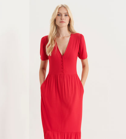 Edith Red Jersey Button-Through V Neck Tiered Midi Dress