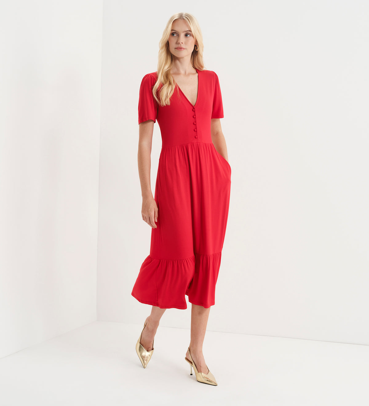 Edith Red Jersey Button-Through V Neck Tiered Midi Dress