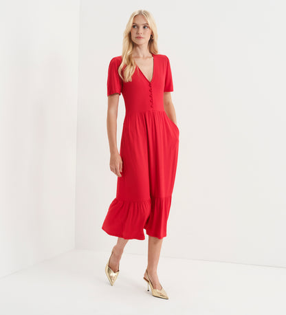 Edith Red Jersey Button-Through V Neck Tiered Midi Dress
