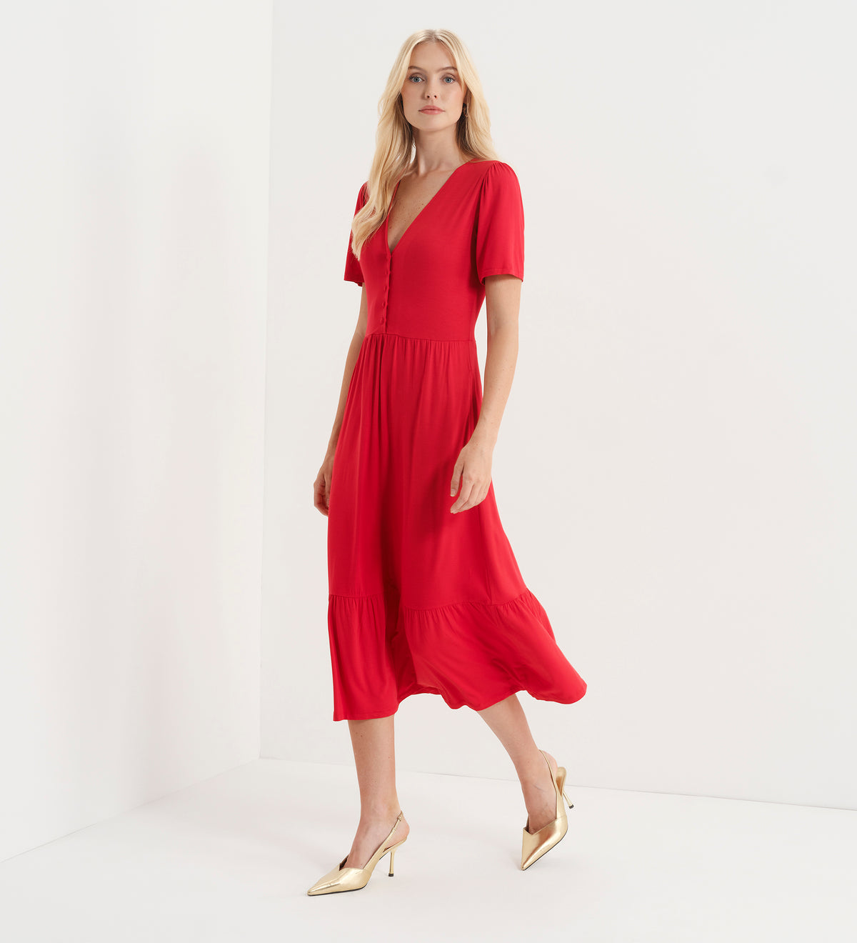 Edith Red Jersey Button-Through V Neck Tiered Midi Dress