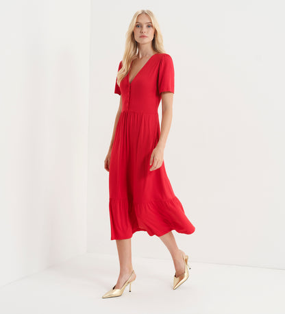 Edith Red Jersey Button-Through V Neck Tiered Midi Dress