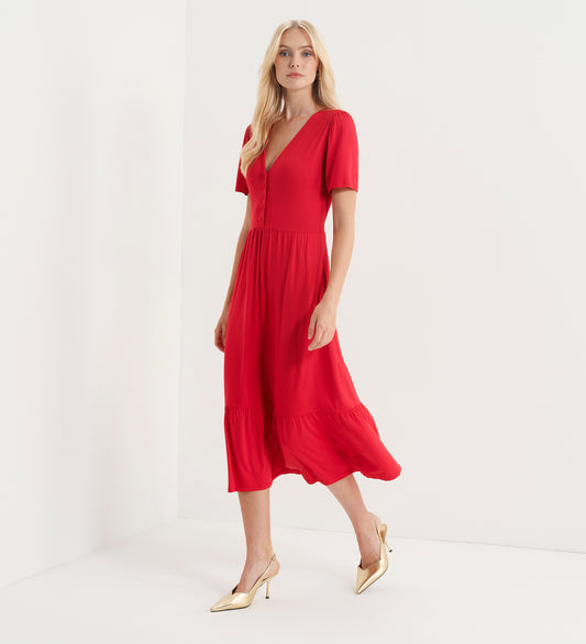 Edith Red Jersey Button-Through V Neck Tiered Midi Dress