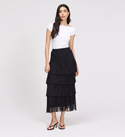 Elisa Black Mesh Midi Tiered Skirt