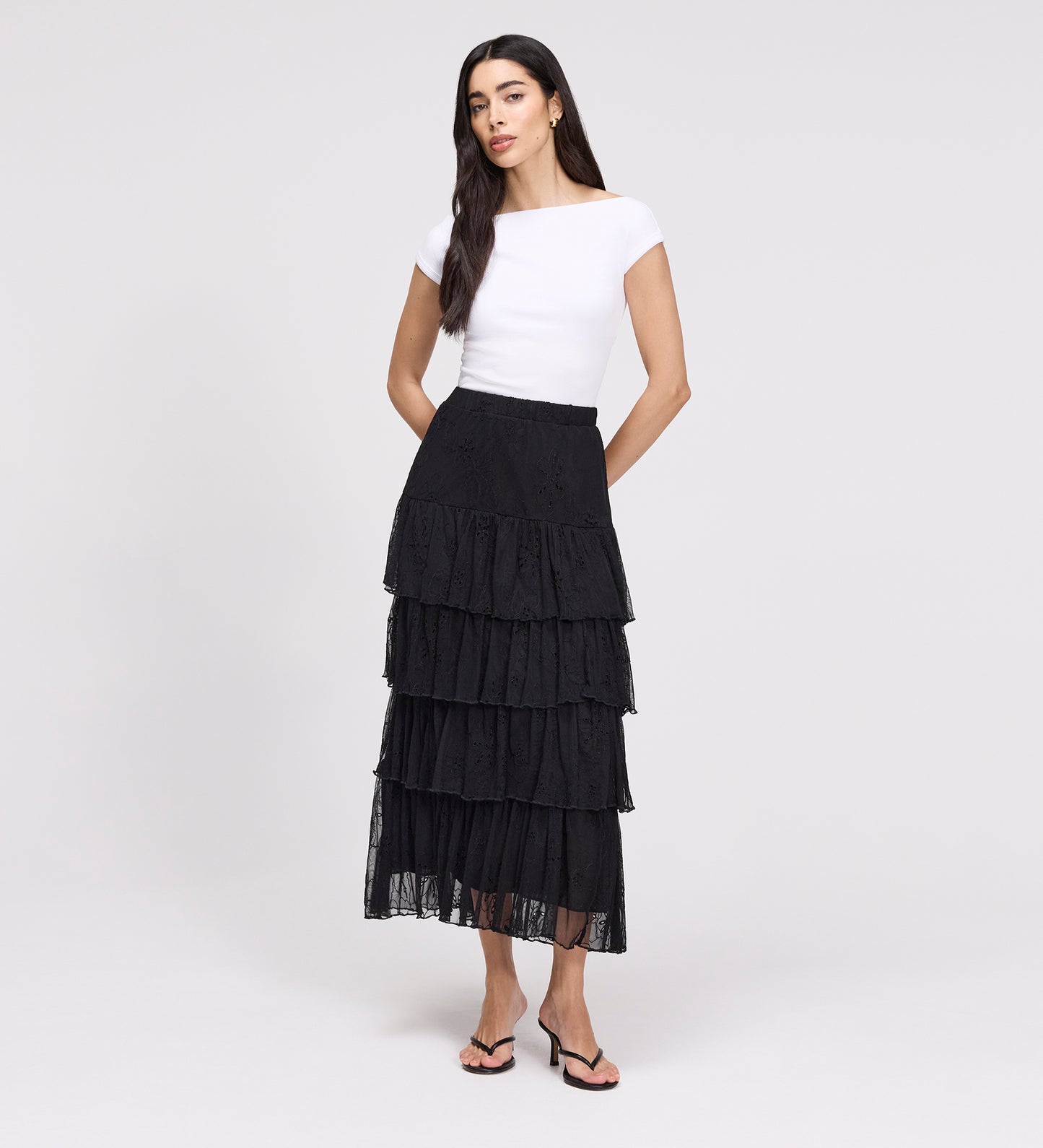 Elisa Black Mesh Midi Tiered Skirt