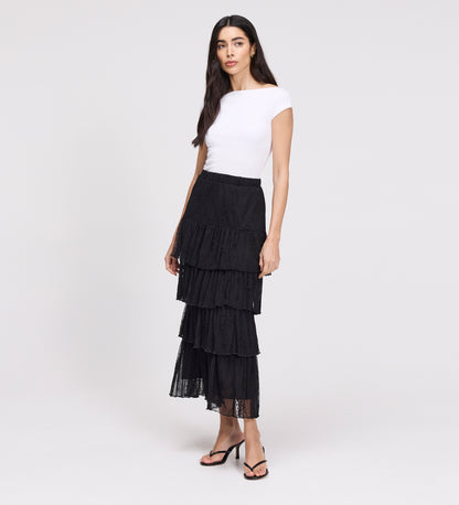 Elisa Black Mesh Midi Tiered Skirt