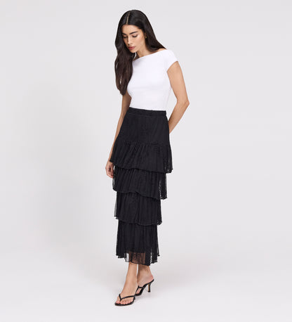 Elisa Black Mesh Midi Tiered Skirt