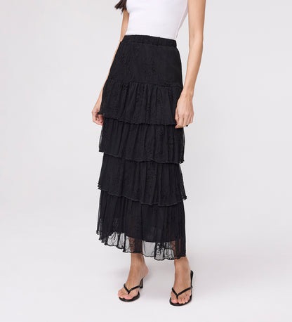 Elisa Black Mesh Midi Tiered Skirt