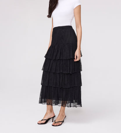 Elisa Black Mesh Midi Tiered Skirt