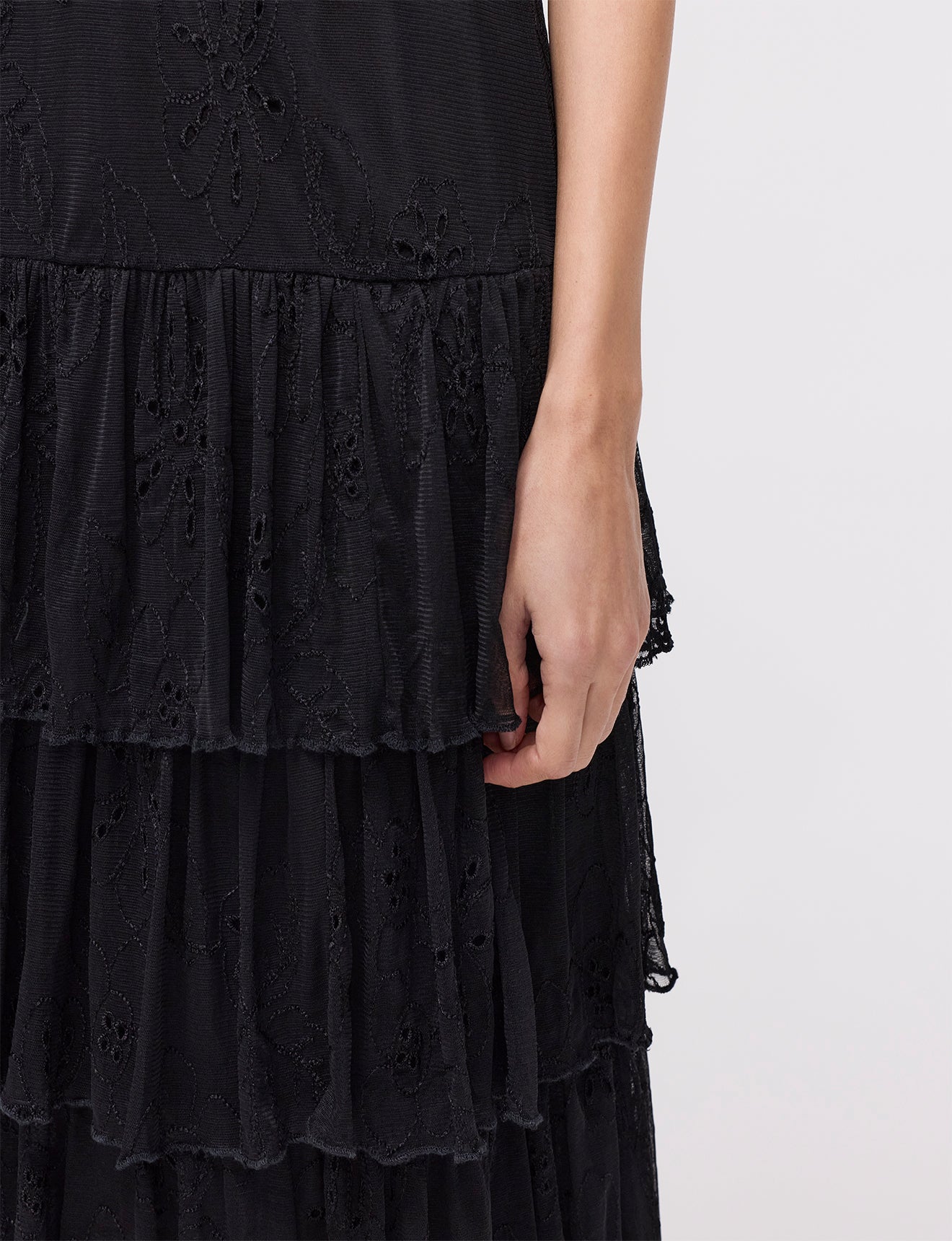 Elisa Black Mesh Midi Tiered Skirt