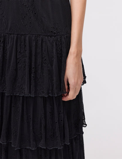 Elisa Black Mesh Midi Tiered Skirt