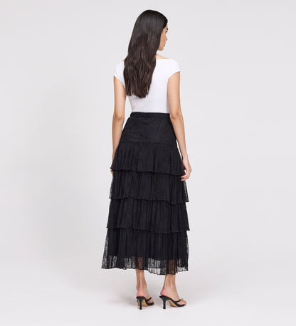 Elisa Black Mesh Midi Tiered Skirt