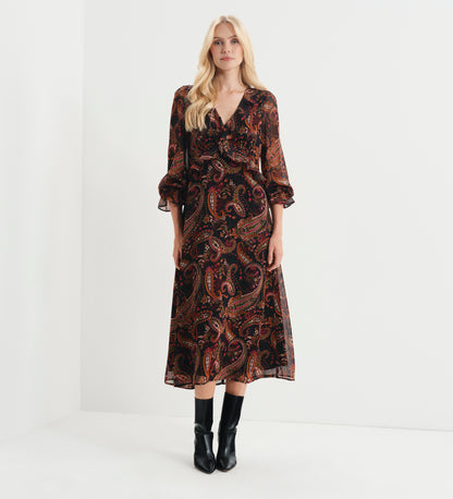 Veronica Black Paisley Ruffle Empire Waist Midi Dress