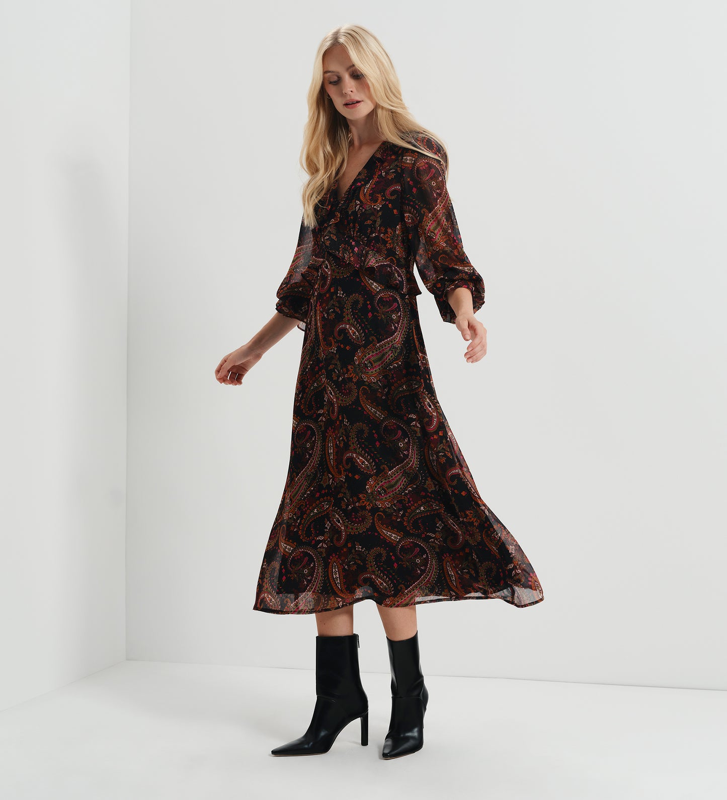 Veronica Black Paisley Ruffle Empire Waist Midi Dress