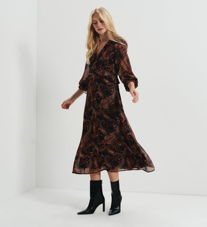 Veronica Black Paisley Ruffle Empire Waist Midi Dress