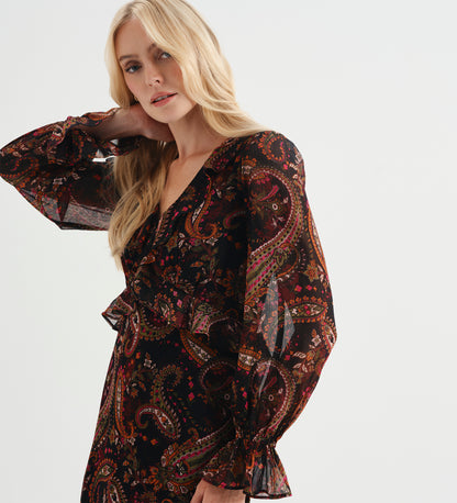 Veronica Black Paisley Ruffle Empire Waist Midi Dress