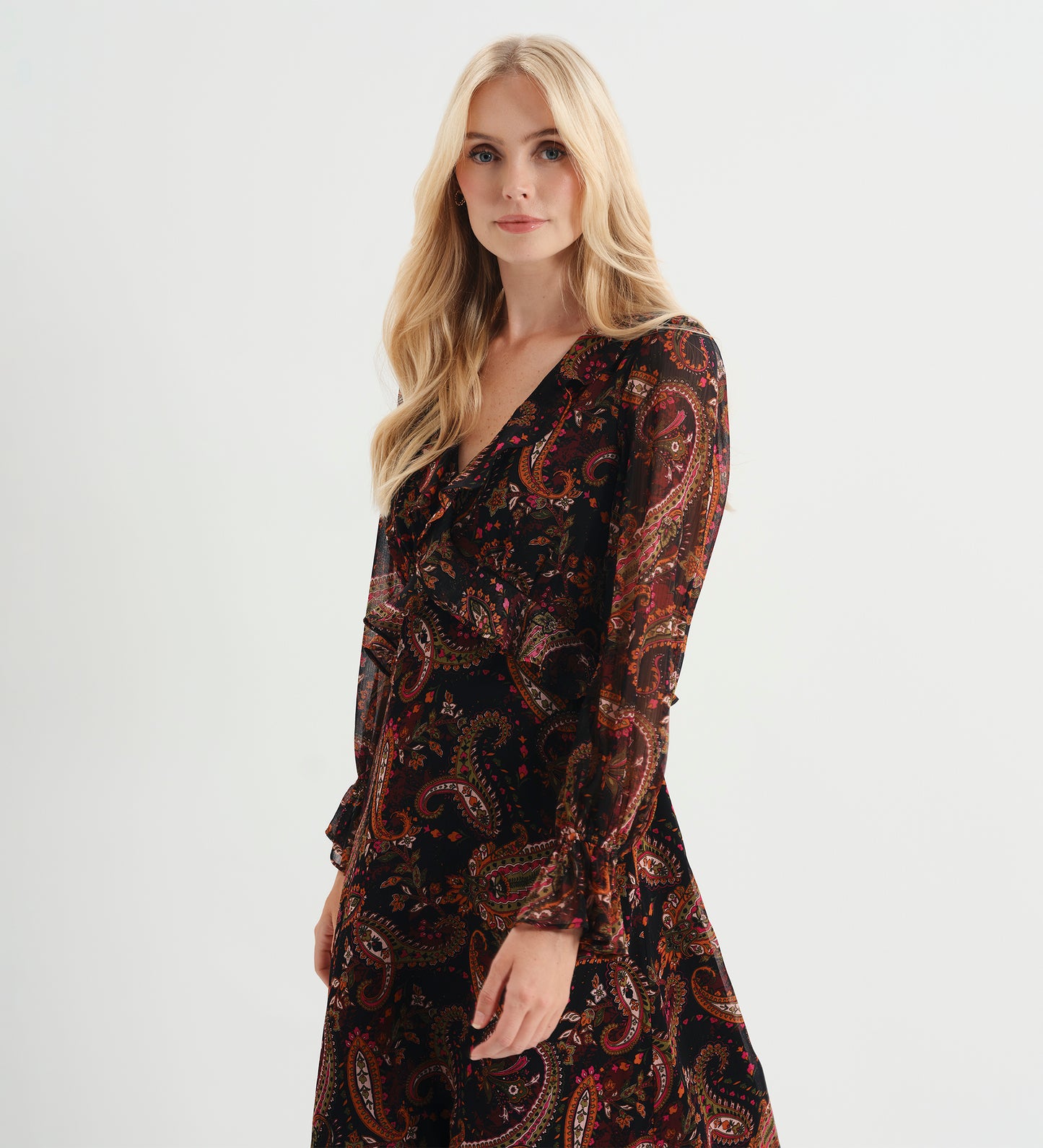 Veronica Black Paisley Ruffle Empire Waist Midi Dress
