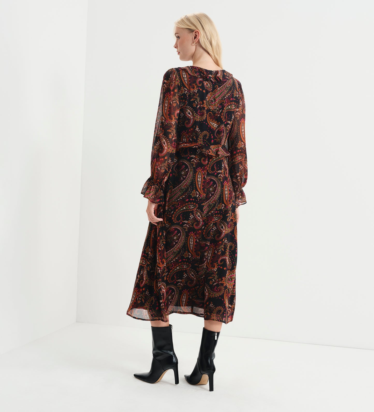 Veronica Black Paisley Ruffle Empire Waist Midi Dress