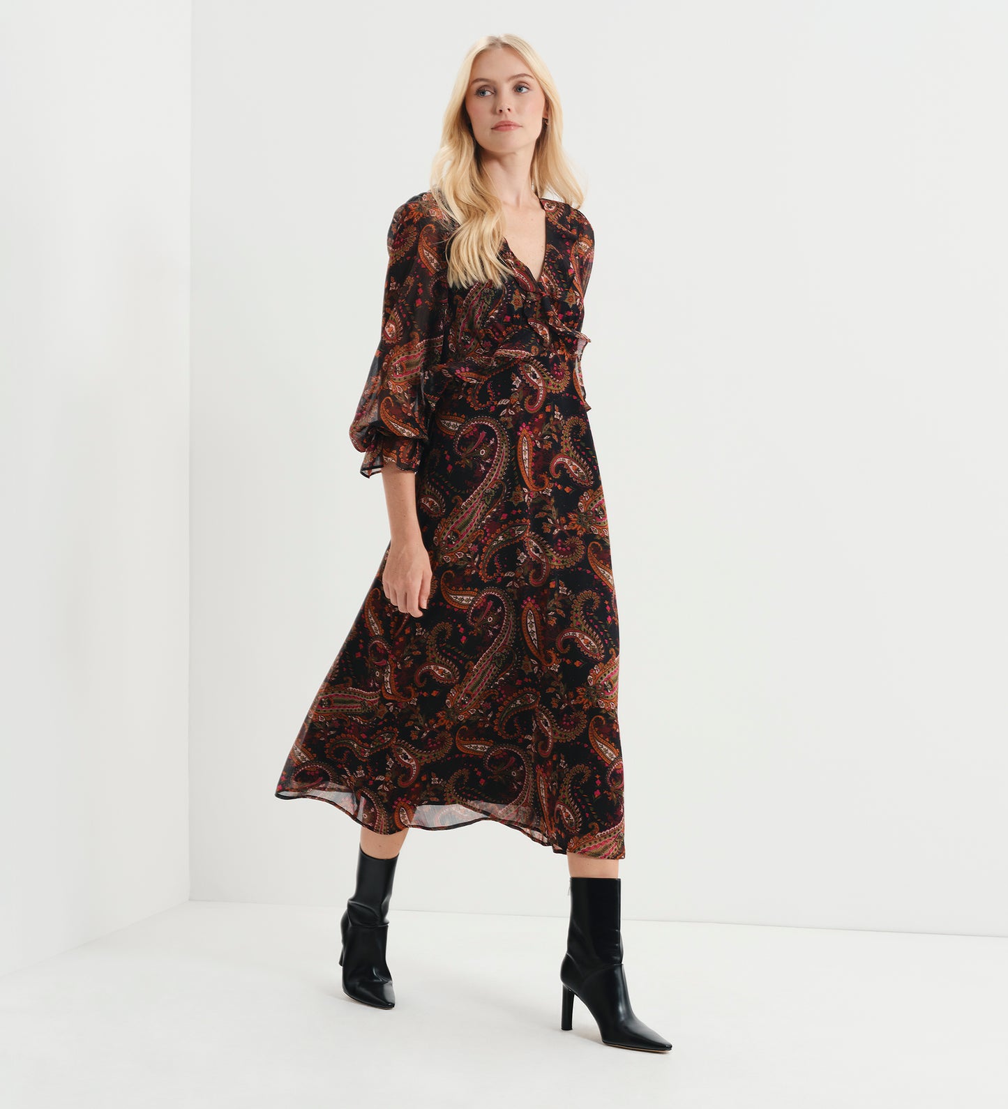 Veronica Black Paisley Ruffle Empire Waist Midi Dress