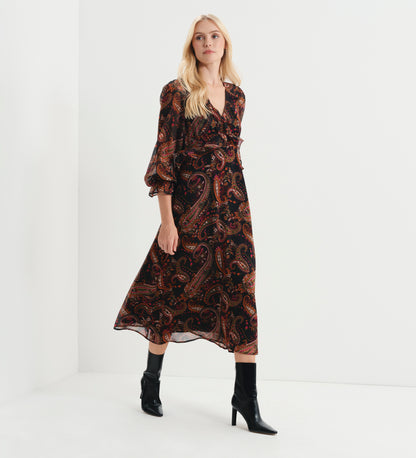Veronica Black Paisley Ruffle Empire Waist Midi Dress
