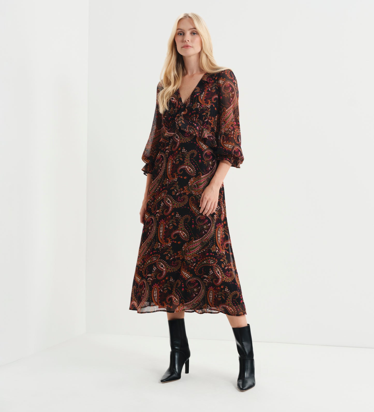 Veronica Black Paisley Ruffle Empire Waist Midi Dress