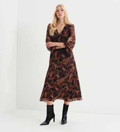 Veronica Black Paisley Ruffle Empire Waist Midi Dress