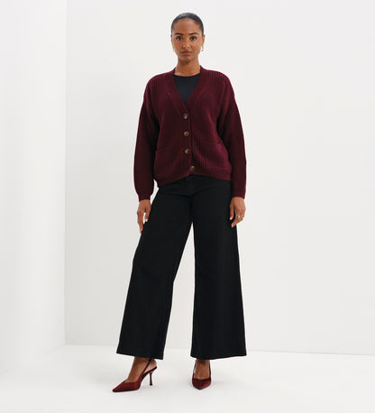 Estella Burgundy Organic Cotton V Neck Button-Through Cardigan