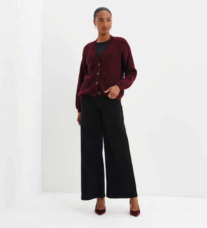 Estella Burgundy Organic Cotton V Neck Button-Through Cardigan