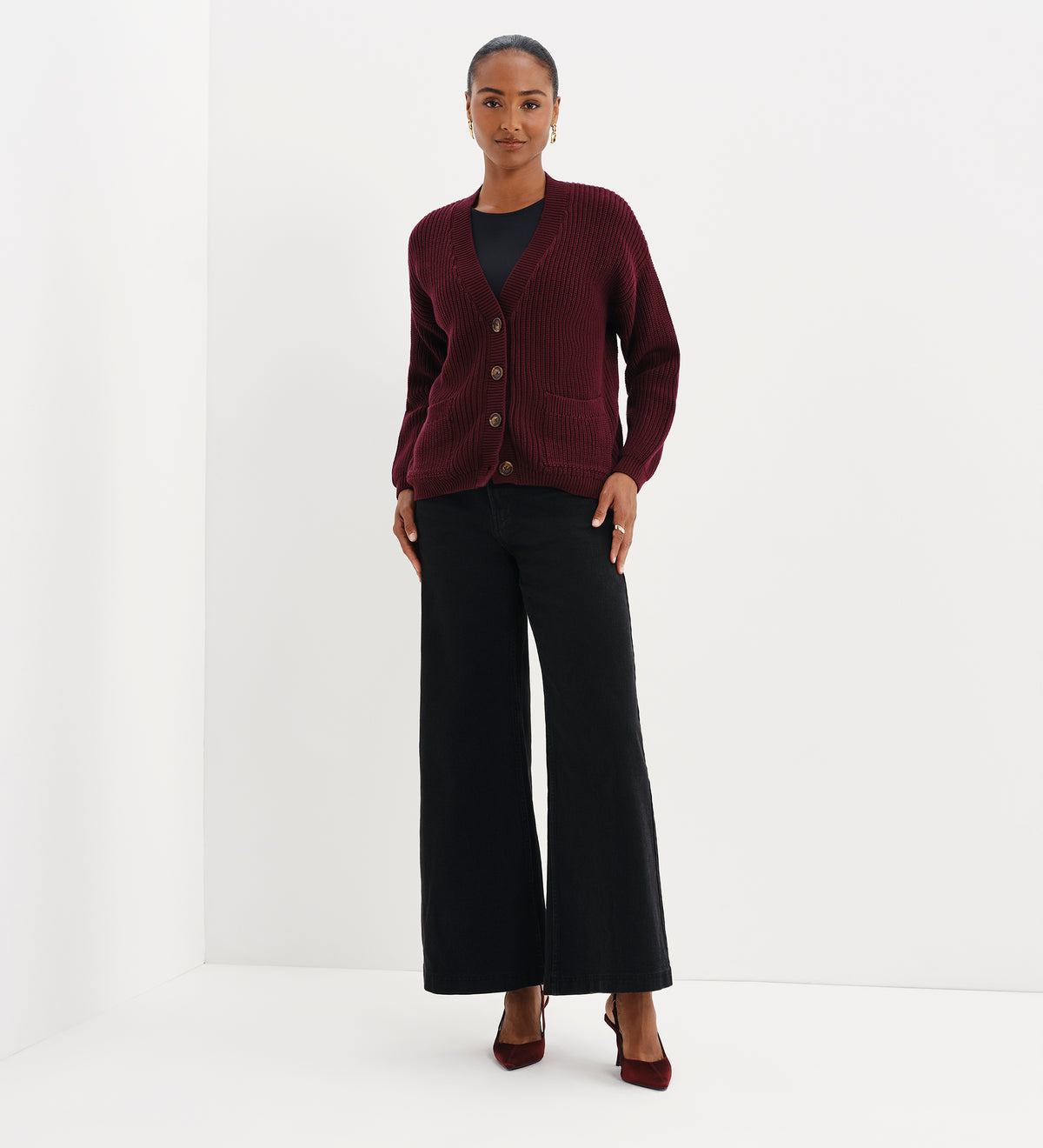 Estella Burgundy Organic Cotton V Neck Button-Through Cardigan