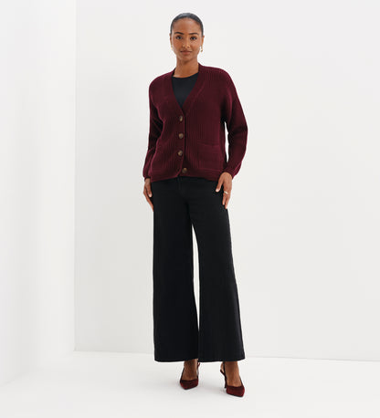 Estella Burgundy Organic Cotton V Neck Button-Through Cardigan