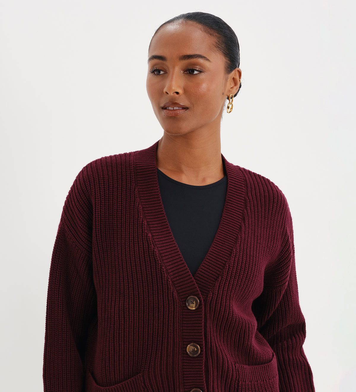 Estella Burgundy Organic Cotton V Neck Button-Through Cardigan